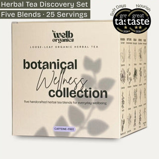 Wellb Organics Botanical Wellness Collection herbal tea box shown at an angle on a light gray background, with a dark green banner at the top reading 'Herbal Tea Discovery Set Five Blends • 25 Servings' and a black 'great taste' badge on the upper right.