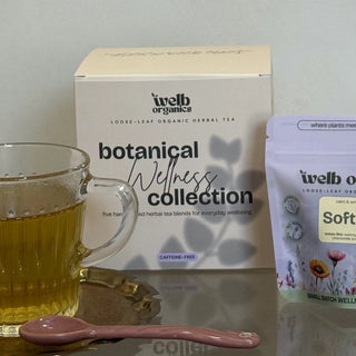A box of wellb organics Botanical Wellness Collection loose-leaf herbal tea stands behind a clear glass mug filled with brewed tea and a pink spoon on a reflective surface. A branded pouch is visible to the right.