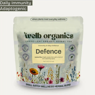 welb organics Defence herbal tea package with floral design on a white background