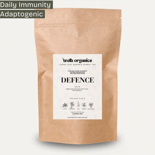 Kraft paper packaging of 'Defence' tea from 'wulf organics' on a white background