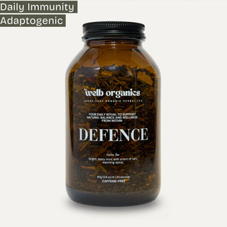 Jar of welb organics Defence daily immunity adaptogenic supplement on a white background
