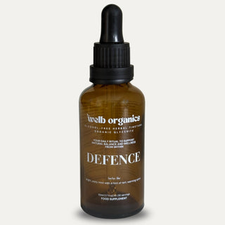 Brown glass bottle with dropper labeled 'Defence' by 'Welb Organics' on a neutral background