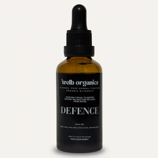 Brown glass bottle with dropper labeled 'Defence' by 'Welb Organics' on a neutral background