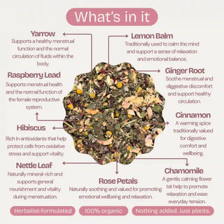 An infographic titled 'What's in it' showing a central cluster of dried herbal ingredients with labeled callouts for each component: Yarrow, Lemon Balm, Raspberry Lead, Ginger Root, Cinnamon, Hibiscus, Nettle Leaf, Rose Petals, and Chamomile. The layout uses soft pink headers and footers on a white background.