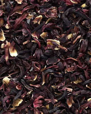 Close-up of dried hibiscus flowers and leaves.