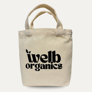Beige tote bag with 'welb organics' text on a neutral background