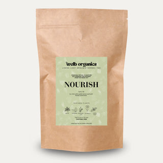 Brown package of welb organics Nourish tea on a white background