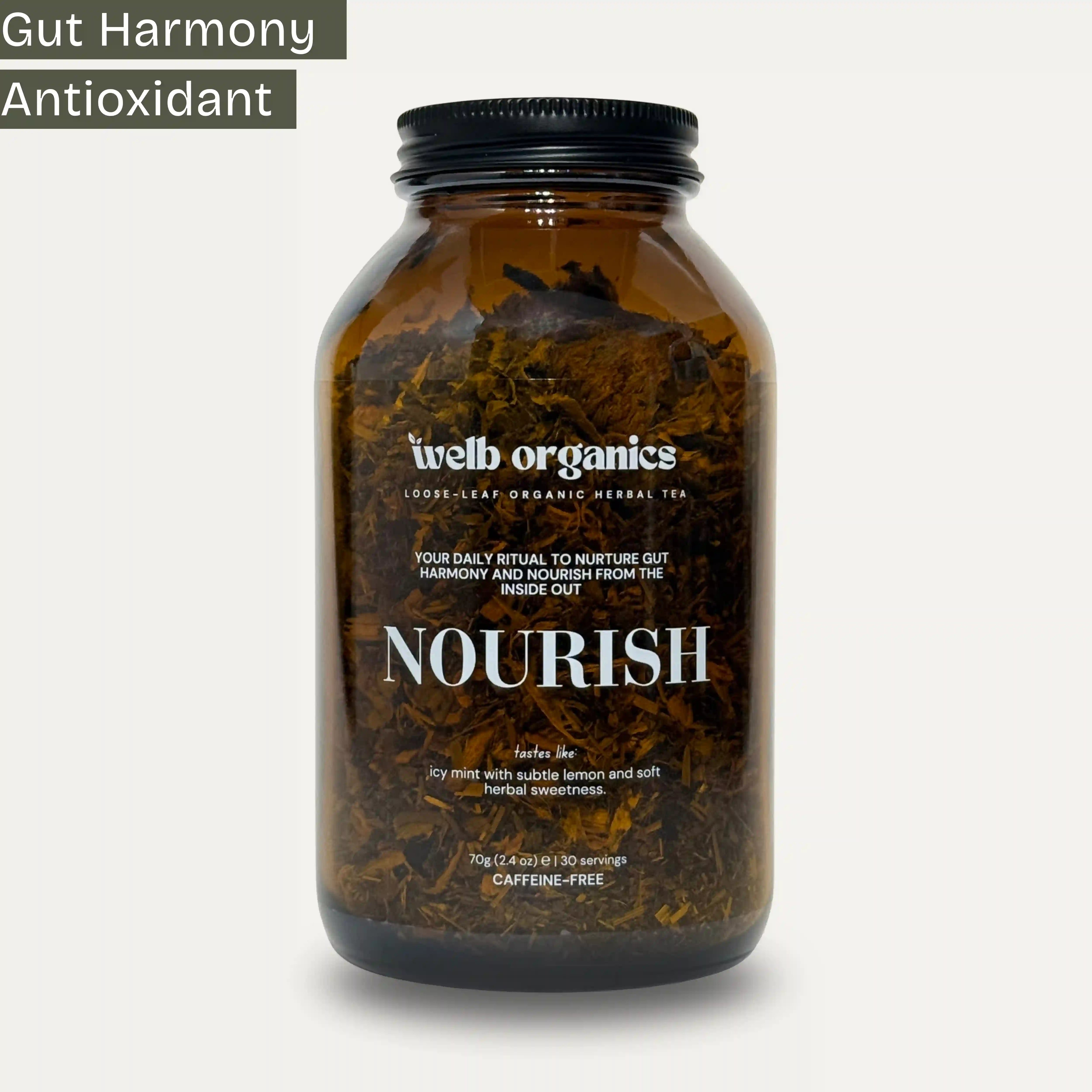 Jar of welb organics Nourish tea on a white background