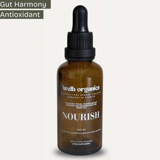 Brown bottle with dropper labeled 'Nourish' by 'Welb organics' on a white background