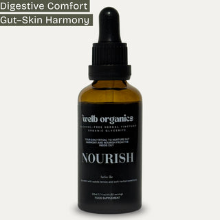 A bottle of Web Organics Nourish organic glyceride food supplement with a black dropper cap and amber glass bottle, shown on a light gray background with a text banner at the top.