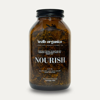 Nourish Gut Health Herbal Infusion in a Tea Jar on a neutral background