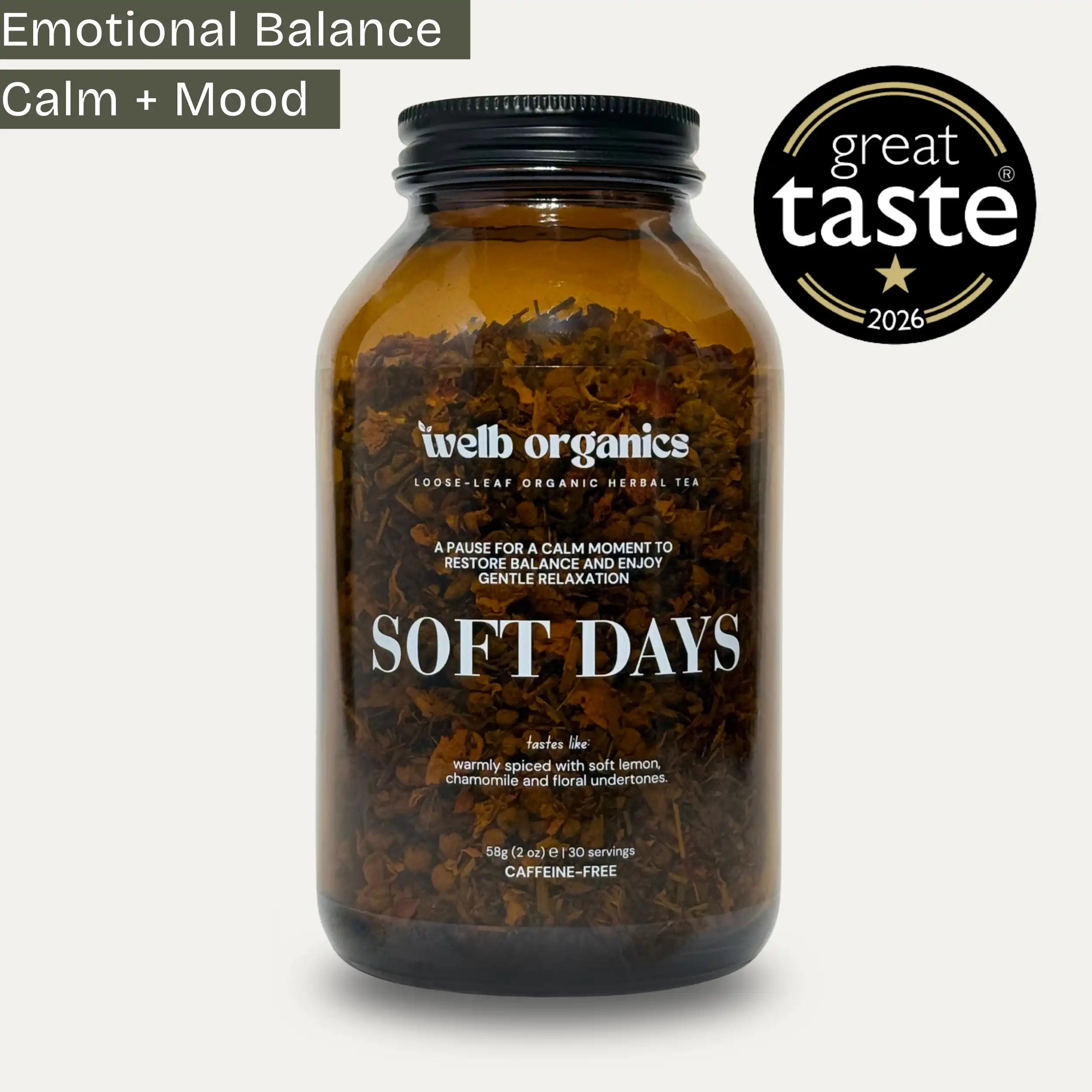 Herbal tea amber jar by Welb Organics with Soft Days writing and a great taste award logo