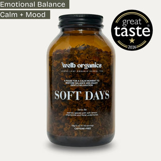 Herbal tea amber jar by Welb Organics with Soft Days writing and a great taste award logo